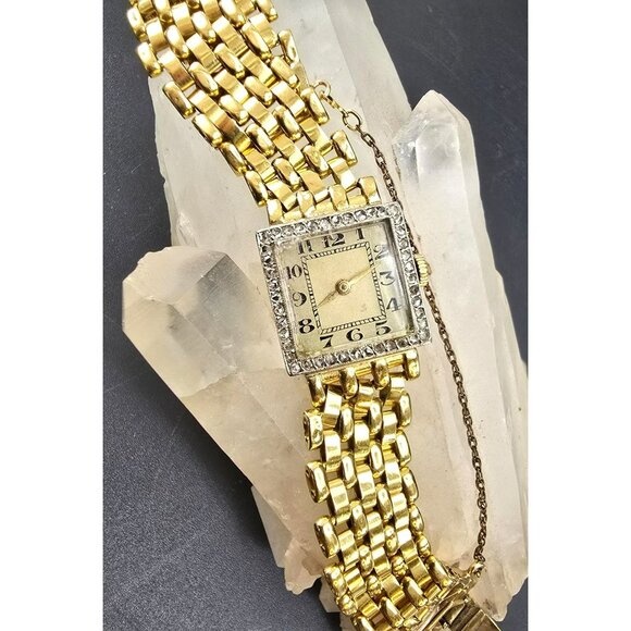 Vintage 18k Gold Womens Square Diamond Watch with Safety Chain HS173 - Picture 1 of 15